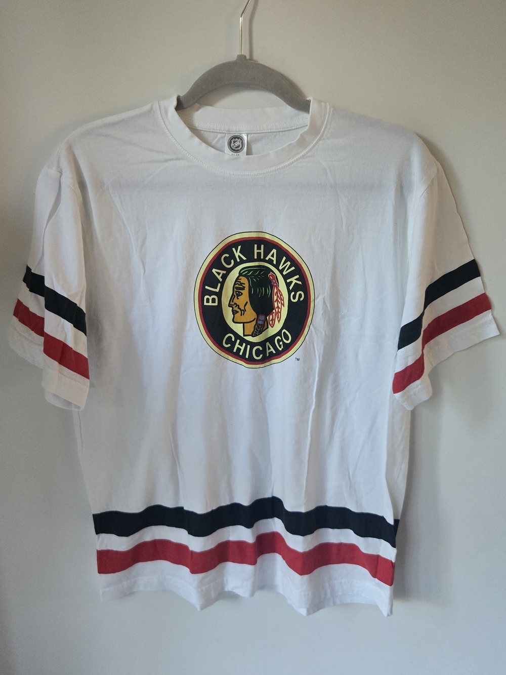 NHL Chicago Blackhawks White Tee with Black, Red & Yellow Logo